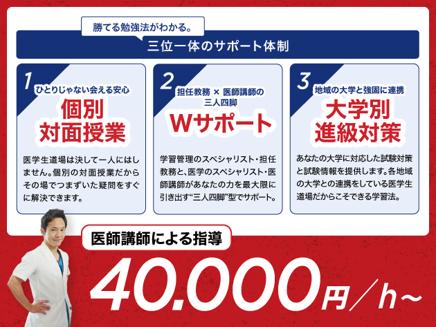 １．個別対面授業、２．Wサポート、３．大学別進級対策