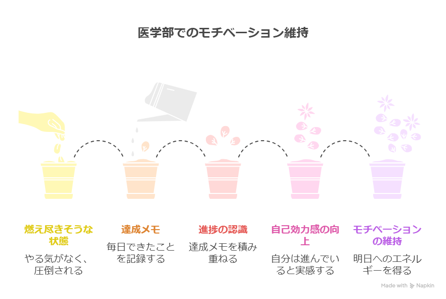 医学部でのモチベーションの維持を植物の成長で表している図。
燃え尽きそうな状態→達成メモ→進捗の認識→事故効力感の向上→モチベーションの維持の5段階で構成されている。