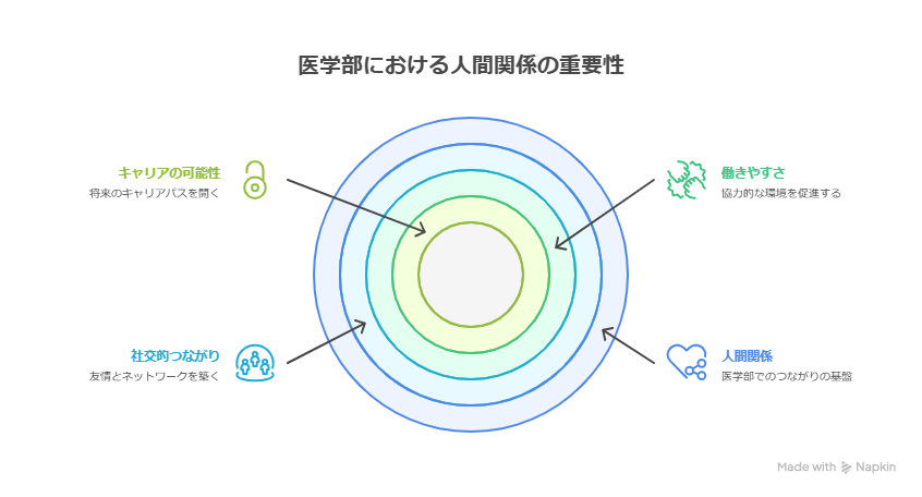 医学部における人間関係の重要性を的で示している。外側から「人間関係」、「社交的つながり」、「働きやすさ」、「キャリアの可能性」の順番。