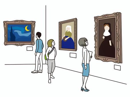 美術館で絵画を見る人のイラスト