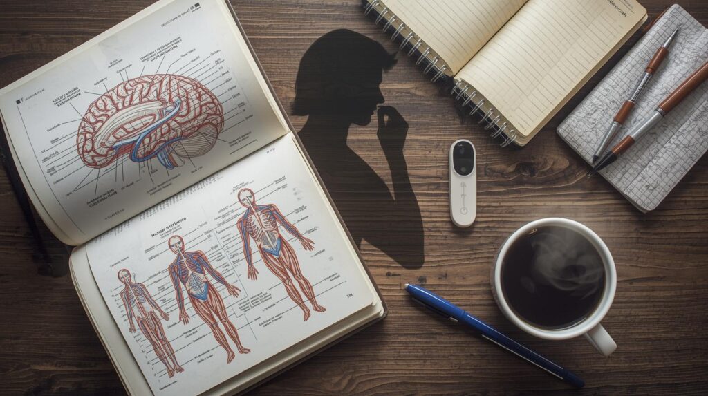 解剖学書とペン、ノート、コーヒーが置いてある机。考えている人のシルエットが画面中央に映る。CANVAのAI生成によって作成。
