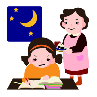 勉強している娘に夜食を差し入れる母親のイラスト