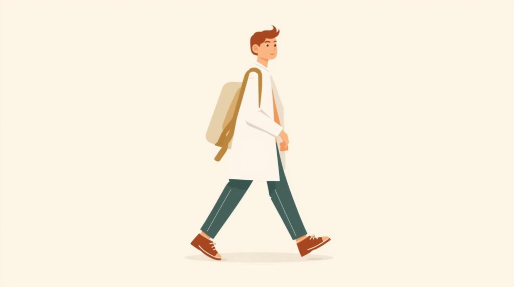 右方向に歩いている、白衣を着た医学生