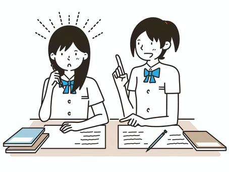 ※友達と一緒に勉強する女の子のイラスト