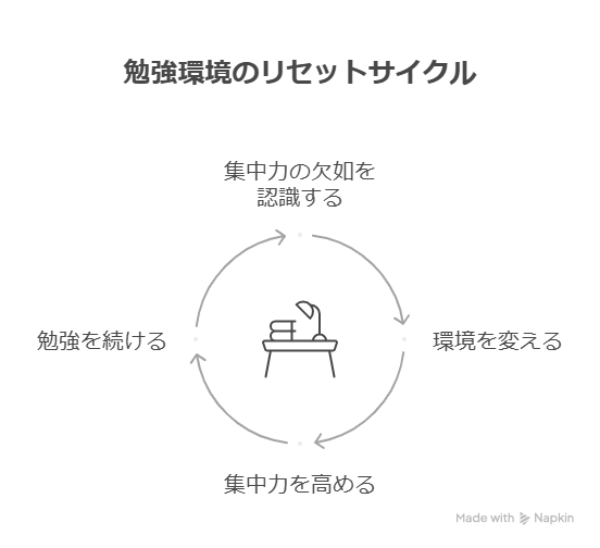 勉強環境のリセットサイクルを表している図。集中力の欠如を認識する→環境を変える→集中力を高める→勉強を続けるの4つの循環で構成されている。