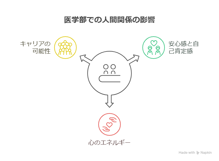医学部の人間関係が「キャリアの可能性」、「安心感と自己肯定感」、「心のエネルギー」に影響を与えることを示している