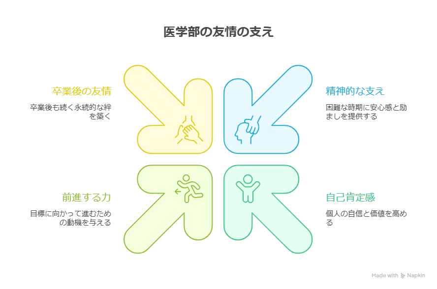 医学部の友情が「精神的な支え」、「自己肯定感」、「卒業後の友情」、「前進する力」に影響していることを矢印で示している。