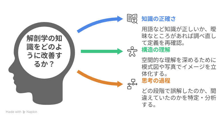 解剖学の知識を改善するための図説。
知識の正確さ、構造の理解、思考の過程の3つに分けて説明。