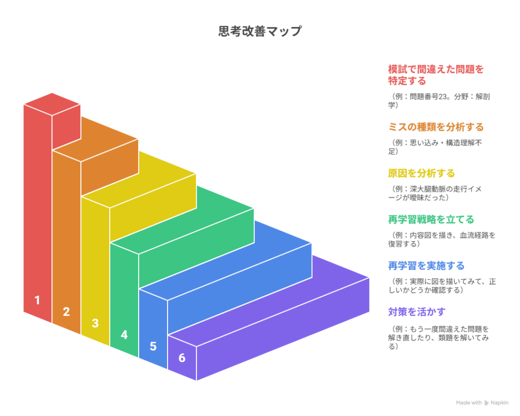 思考改善マップ。
模試を解いたら、間違えた問題を特定し、ミスの種類を分析、原因を分析。再学習戦略を立て、再学習し、対策を活かす。