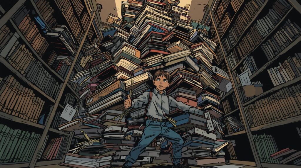 山積みになった大量の本に押しつぶされそうになっている学生。