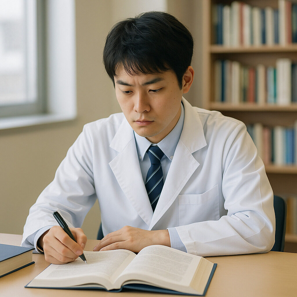 白衣を着た日本人医学生が図書館で医学書に向かい真剣に勉強している。自然光が差し込み、知的で集中した雰囲気が漂う。
