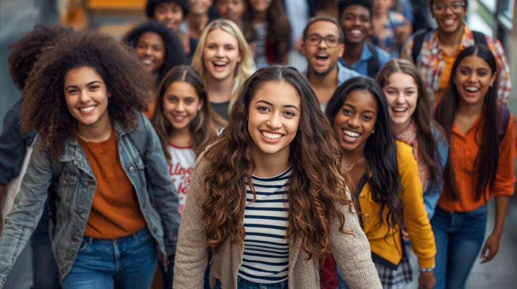 15人ほどの学生たちがこちらをみて微笑んでいる。