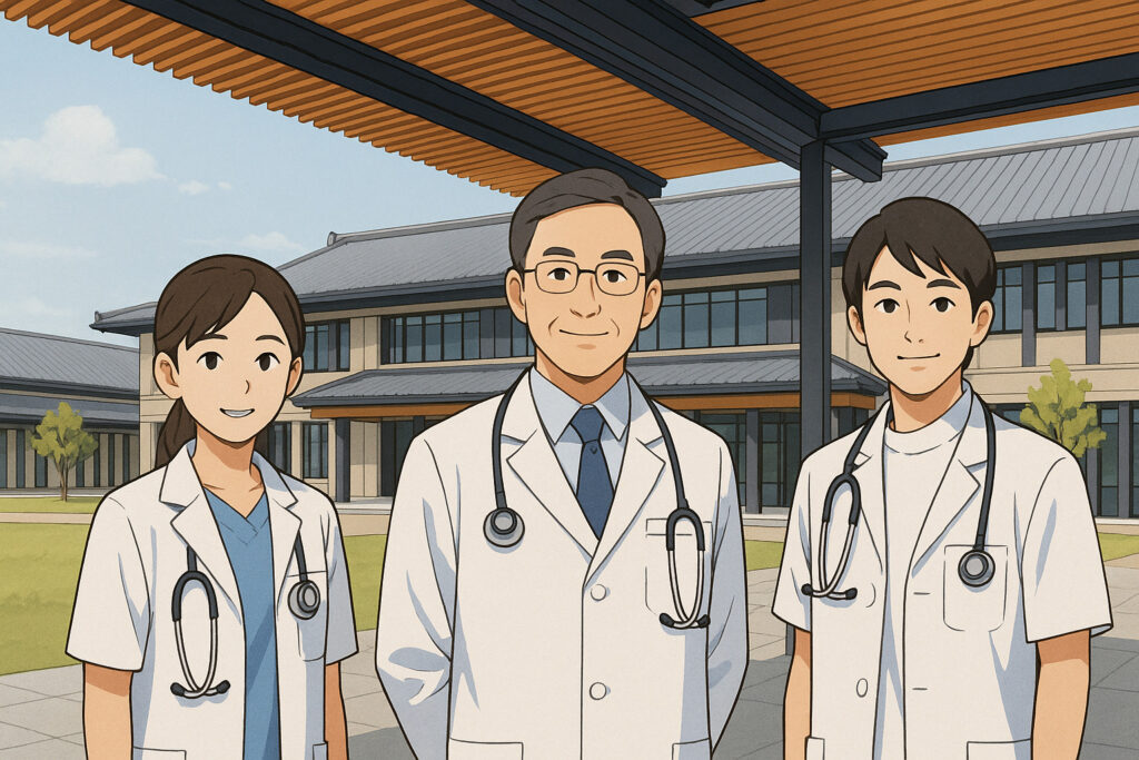 奈良県立医科大学をイメージした校舎の前で、日本人医学生の男女と指導医が白衣姿で並んで微笑むイラスト。落ち着いた色調で、学びの雰囲気と安心感を表現した学術的なビジュアル