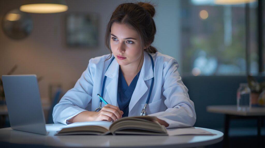 PCを見ながらノートに書き写している白衣を着た女性。首には聴診器をかけている。