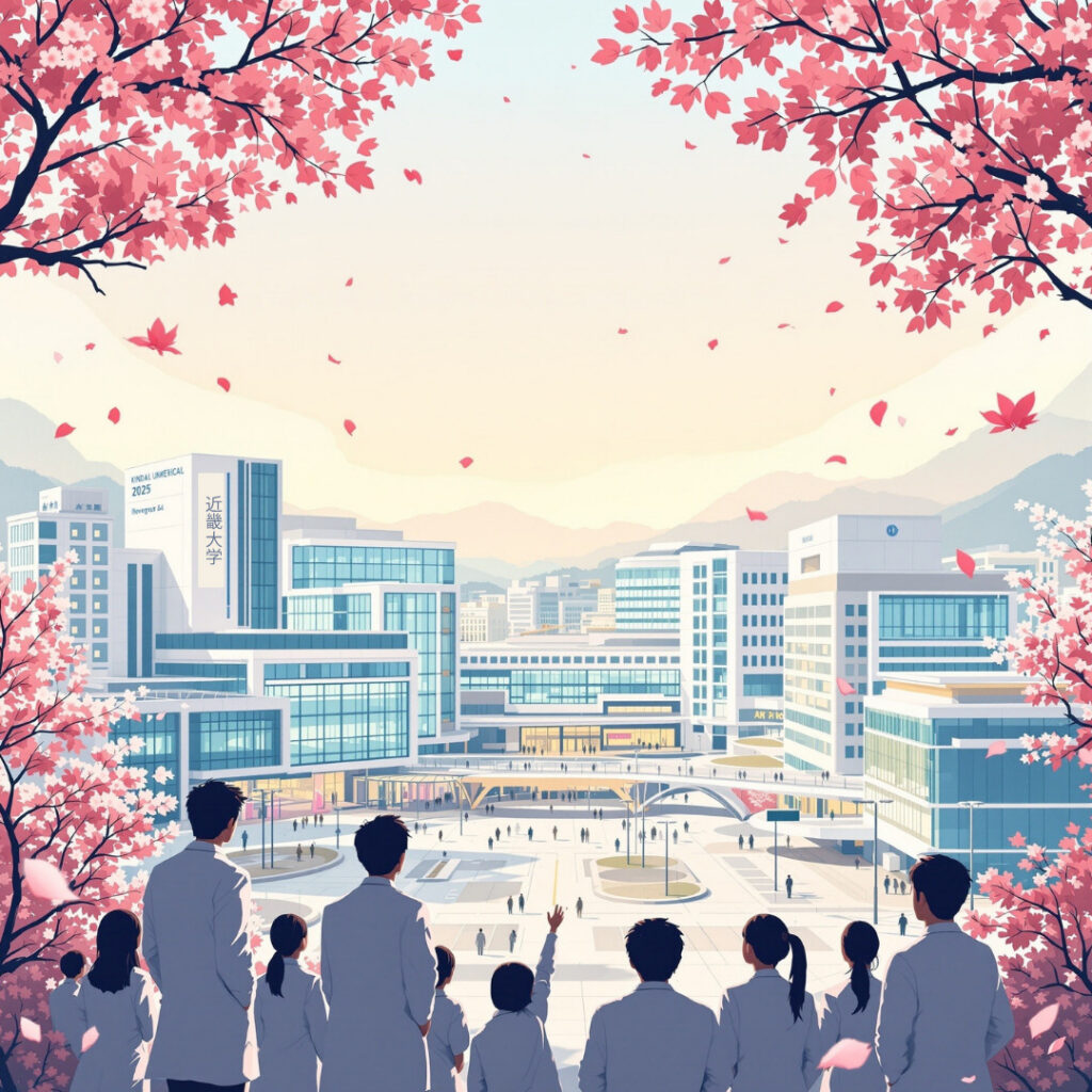 近畿大学医学部泉ヶ丘移転記念 - おおさかメディカルキャンパス2025年11月1日開設、最先端医療設備と未来を見つめる医学生、新キャンパスの近代的建物イメージ