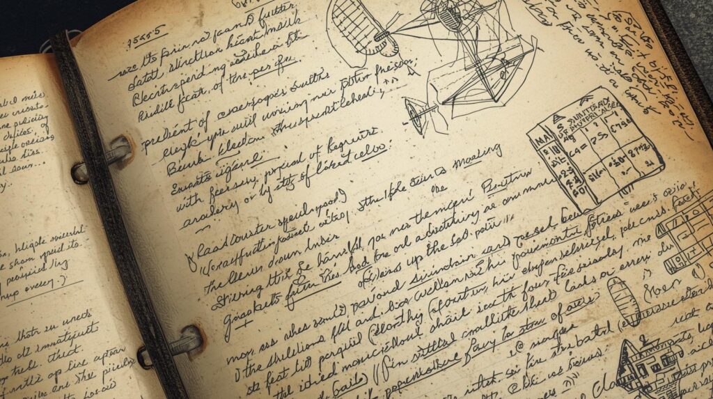 びっしりと文字やイラスト、表が描かれたノート。端には走り書きや計算などが書かれている。