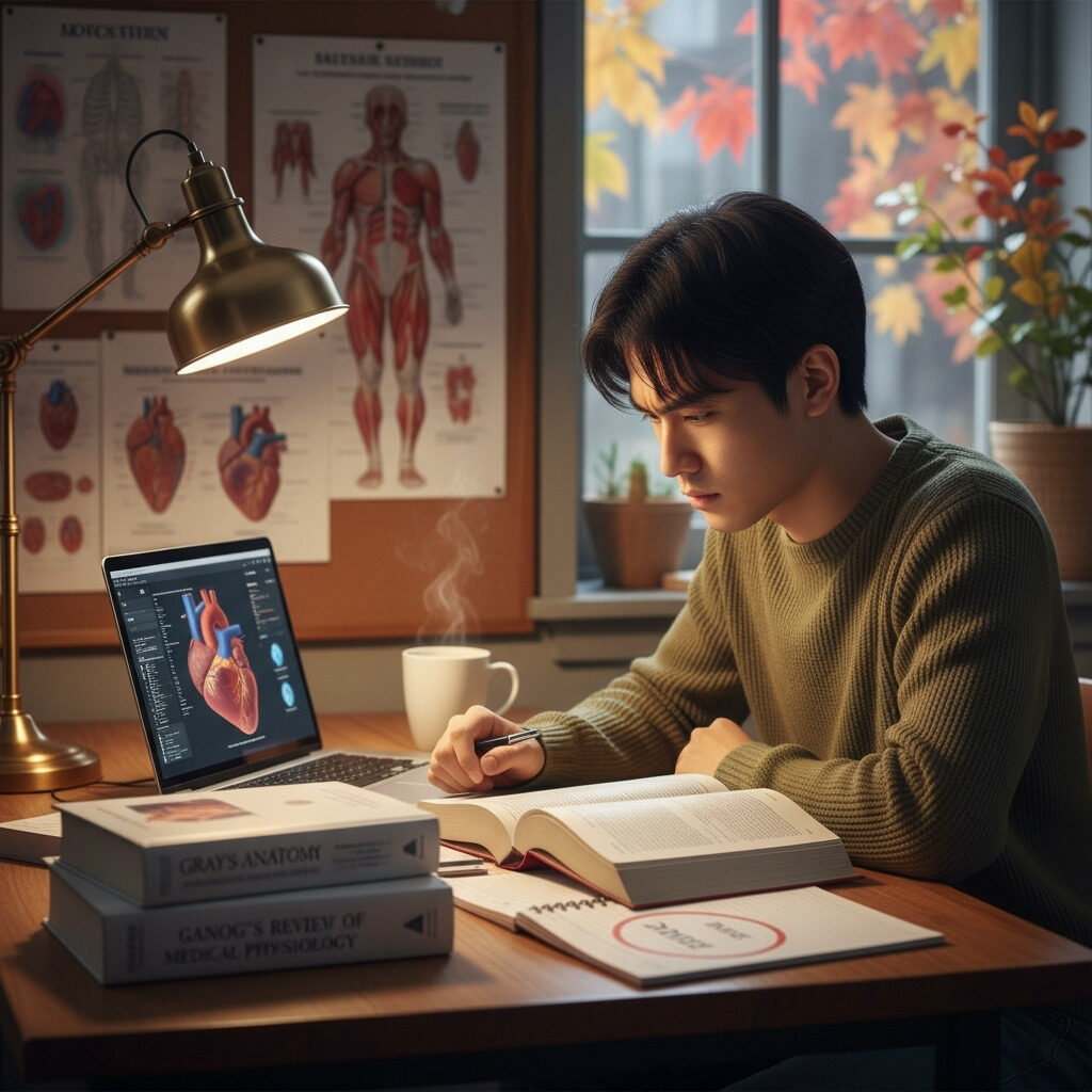 秋の窓辺で医学書を開き集中して勉強する日本人医学生。デスクには解剖学の教科書が積まれ、ノートパソコンには心臓の3D画像が表示されている。壁には人体解剖図のポスターが貼られ、温かいデスクライトが照らす中、コーヒーを飲みながら真剣に学習に取り組む様子。11月の追い上げ学習のイメージ。