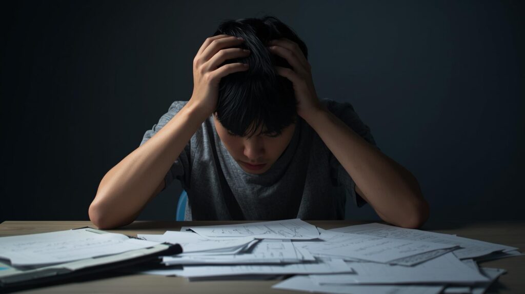 頭を抱えて落ち込んでいる学生。机の上には散らばった大量の資料。