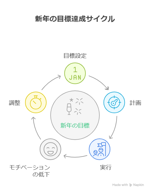 新年の目標達成をサイクルで示している。目標達成→計画→実行→モチベーションの低下→調整の5つ。