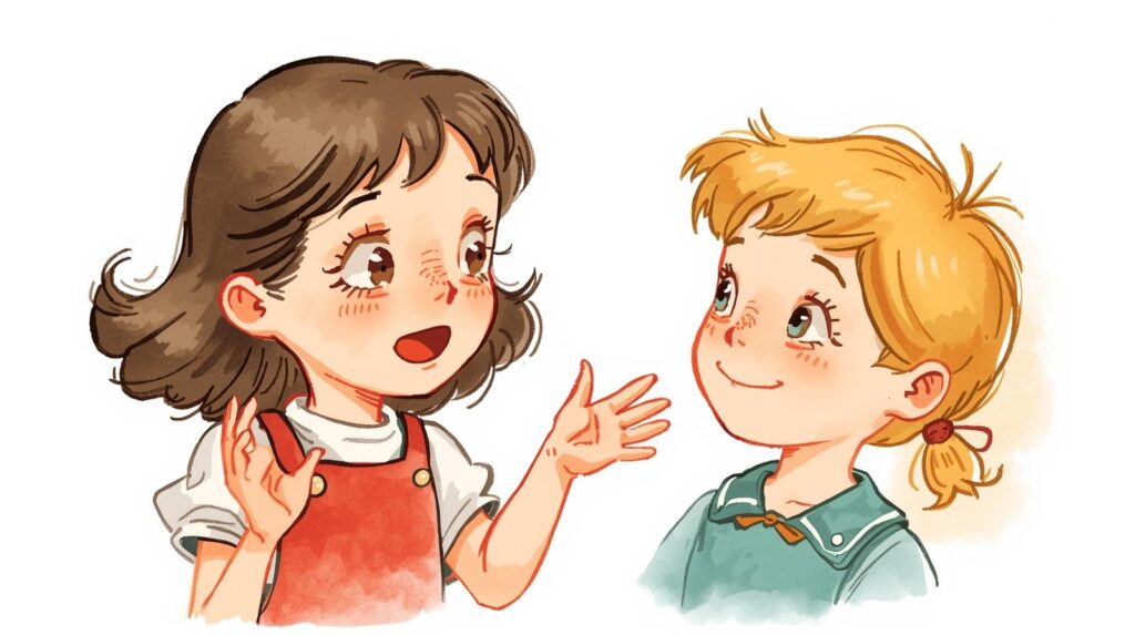 友だちに笑顔で説明している少女