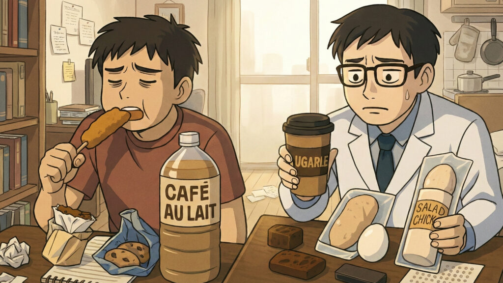 テスト前に食生活が悪化している様子。ジャンクフードを沢山食べて体を壊している。