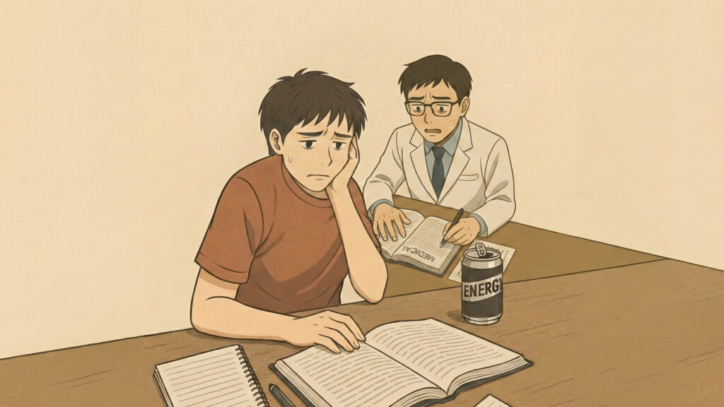 医学生や文系学生がテスト前にオールをしている様子。非常に疲弊していて焦っている。