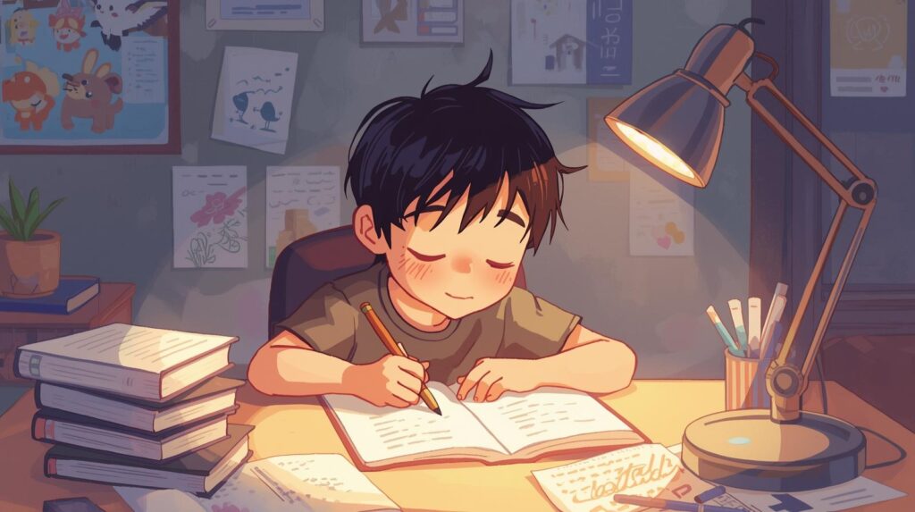 たくさん勉強している男の子
