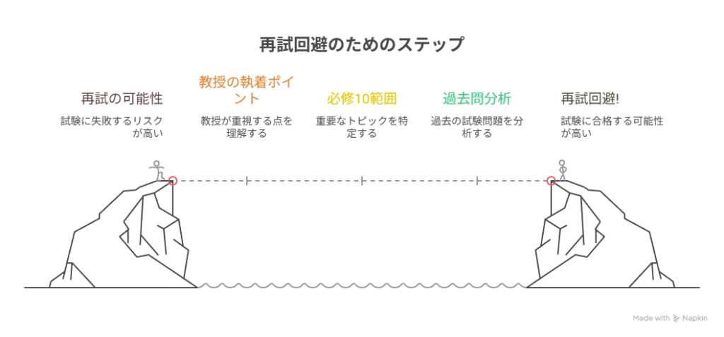 再試回避のためのステップを図にしたもの。左の崖にいる人はよろけている。右の崖まで点線が張ってあり、教授の執着ポイント、必修10範囲、過去問分析を乗り越えたのちに右の崖に到達できる。右のがけにいる人は余裕そうにしている。
