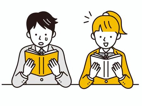 本を読んで泣いている男の子と本を読んで笑っている女の子のイラスト