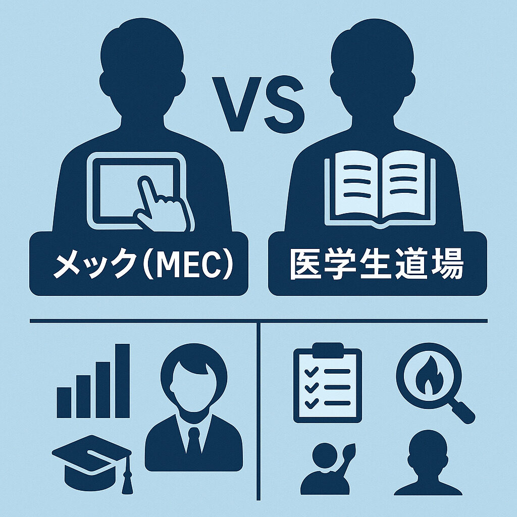 医学生向け個別指導塾の比較を示す図。左にタブレットを持つ人物、右に本を開く人物が配置され、それぞれ異なる学習スタイルを象徴。背景はブルー基調で、下部に教育や評価を示すアイコンが並ぶ。