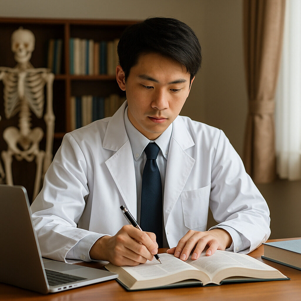 白衣を着た医学生が静かな教室で勉強している様子。ノートと教科書を開き、自然光の中で集中して学ぶ姿を描いた清潔感のある構図