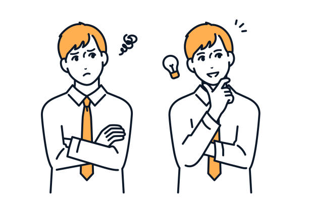 悩んでいる人と何かひらめいた人のイラスト