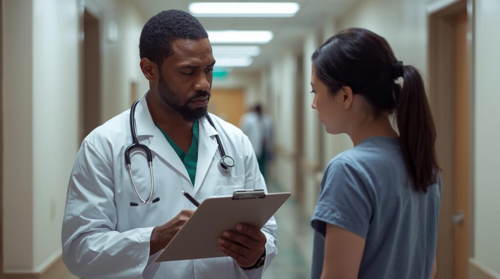 怒った顔の指導医。しゅんとしている学生。