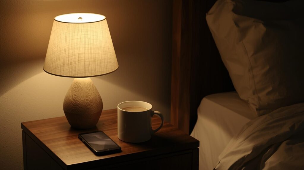 ベッドサイドテーブルに置かれた、テーブルランプとスマホとホットミルク。ランプは温かく柔らかい光でテーブルを照らす。スマホはスリープモード。