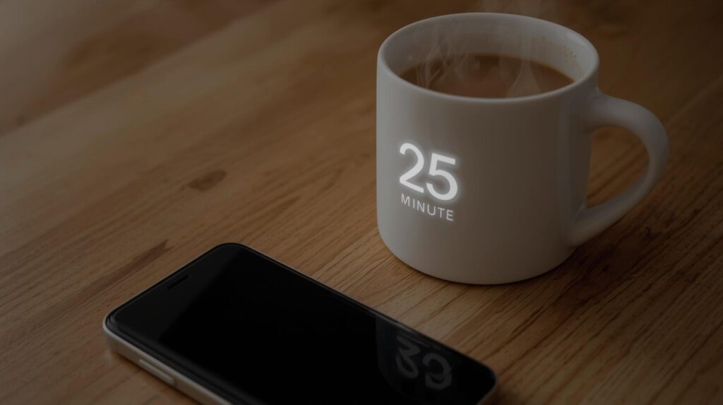 25MINUTEと書かれたマグカップ。中には暖かそうなミルクコーヒーが入っている。横にはスリープモードのスマホが置かれている。