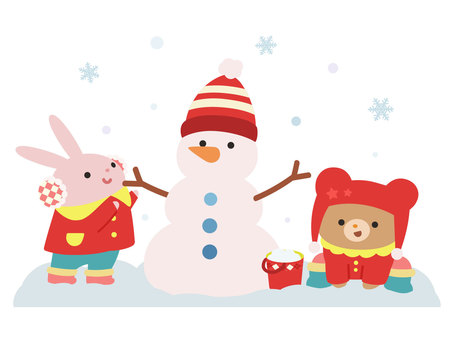 雪だるまを作るウサギとクマのイラスト