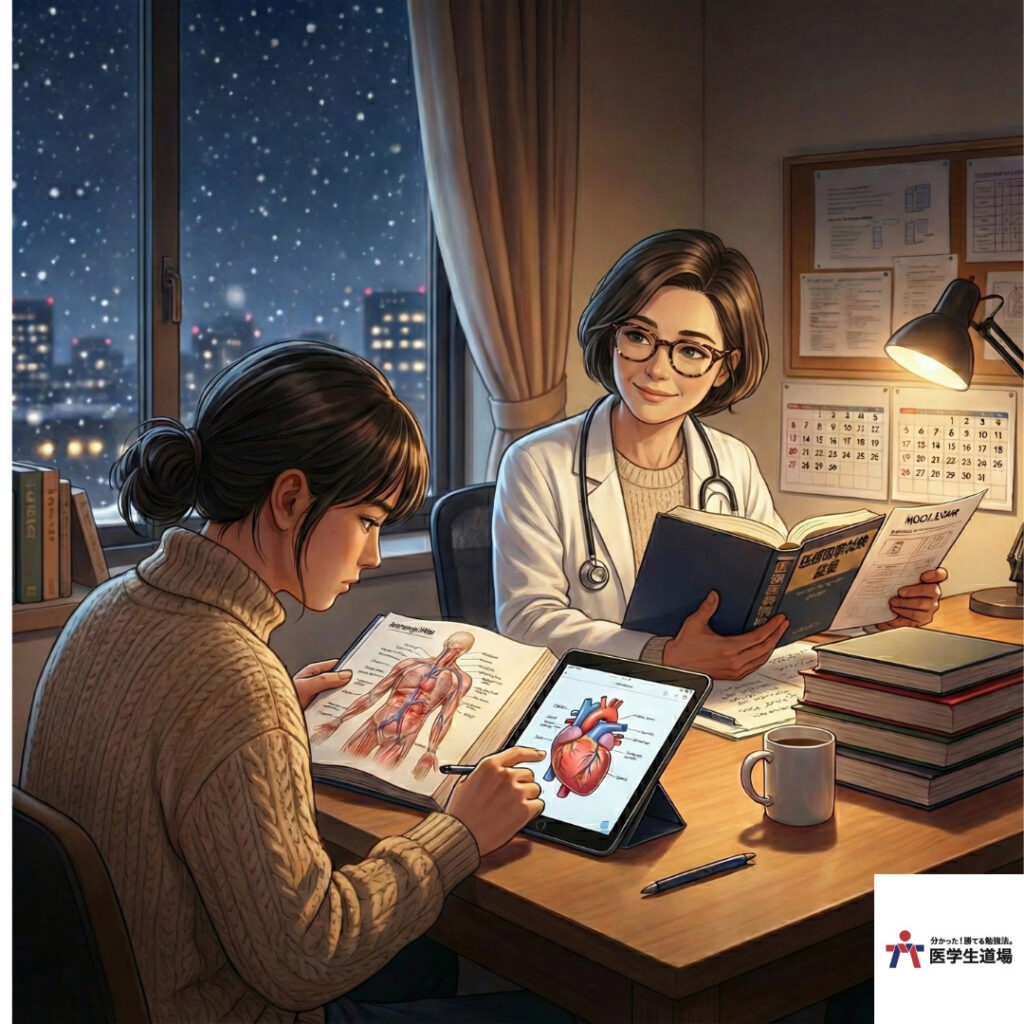 雪の降る冬の夜、女性医学生が女性医師講師のマンツーマン指導を受けている様子。タブレットで心臓の解剖図を見ながら、医学部進級試験や医師国家試験に向けた対策を行っている。医学生道場の冬期講習や個別指導の安心感を表現したイメージ画像。