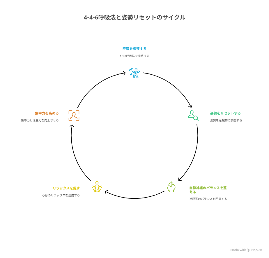 4-4-6呼吸法と姿勢リセットのサイクルを表している。
・呼吸を調整する
・姿勢をリセットする
・私立神経のバランスを整える
・リラックスを促す
・集中力高める
の5つのサイクル。
