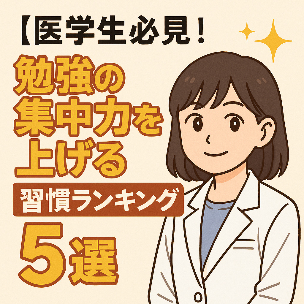 医学生必見！勉強の集中力を上げる習慣ランキング5選　と書かれたサムネイル。タイトルの横には白衣を着たボブの女性が微笑みながらこちらを見ている。
