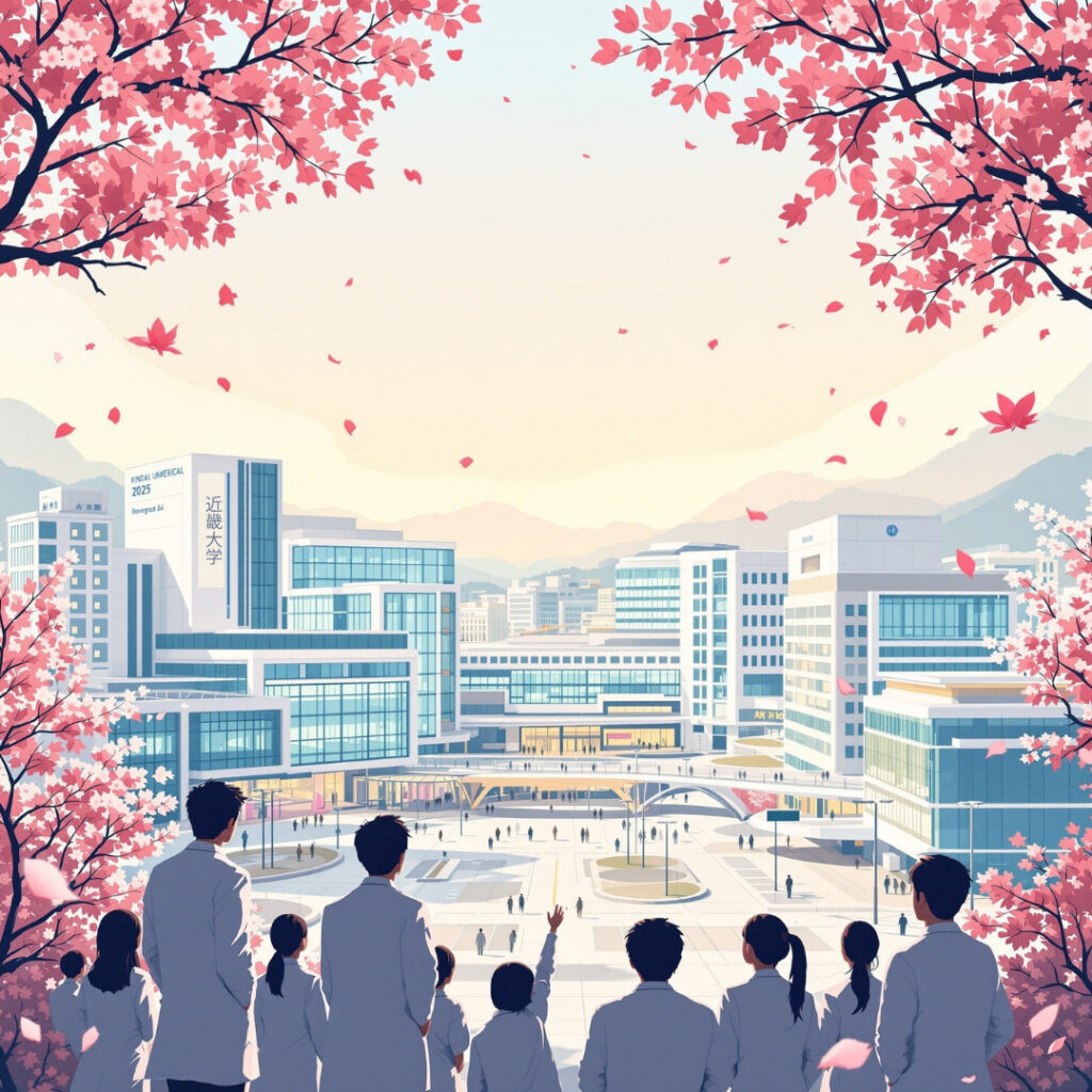 近畿大学医学部泉ヶ丘移転記念 - おおさかメディカルキャンパス2025年11月1日開設、最先端医療設備と未来を見つめる医学生、新キャンパスの近代的建物イメージ