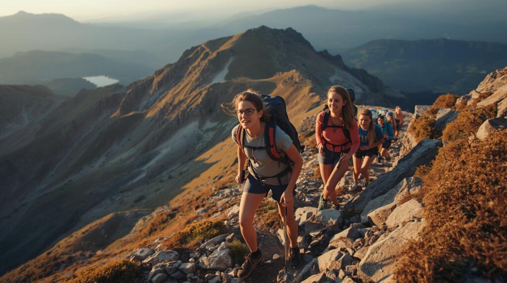 山登りをする学生たち。大きいバックパックを背負って、歩いている。横は崖。