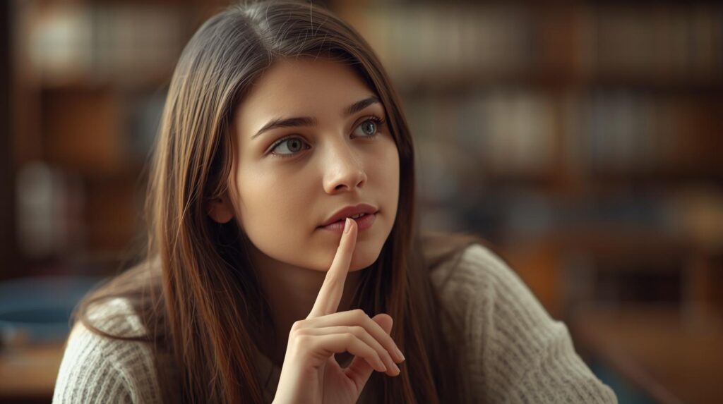 人差し指をした唇に軽く当てて遠くを見つめ、考えている女性