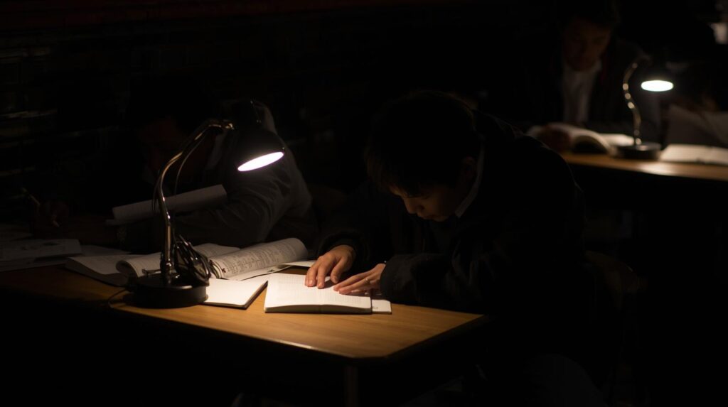 暗い部屋、手元をテーブルライトで照らしながら勉強している学生