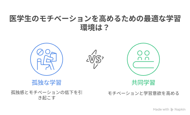 医学生のモチベーションを高めるための最適な学習環境を孤独な学習VS共同学習で示している。