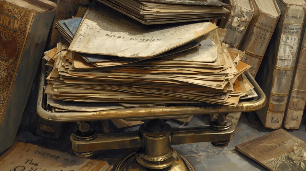 天秤に大量の資料が乗っている。背景には大量の本が並んでいる。