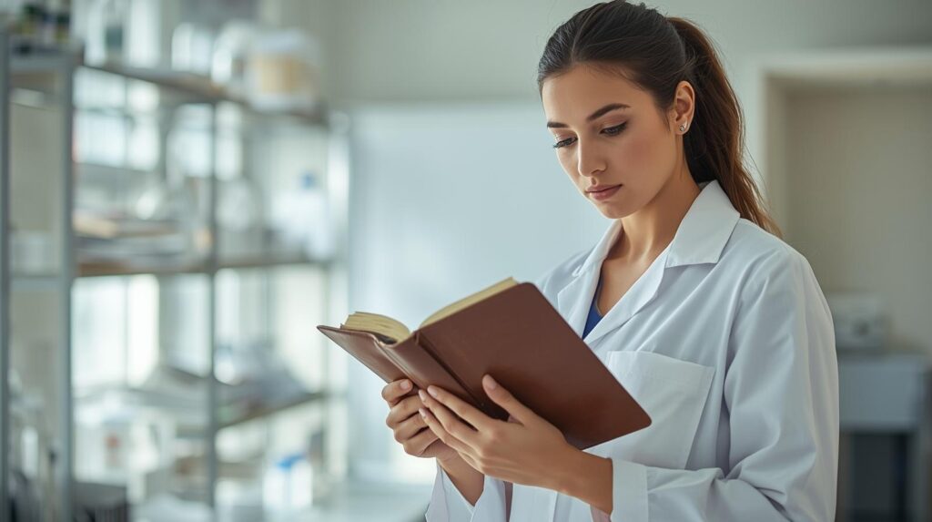 日の差し込む明るいラボで、立ちながらぶあつい本を読む白衣を着た女性