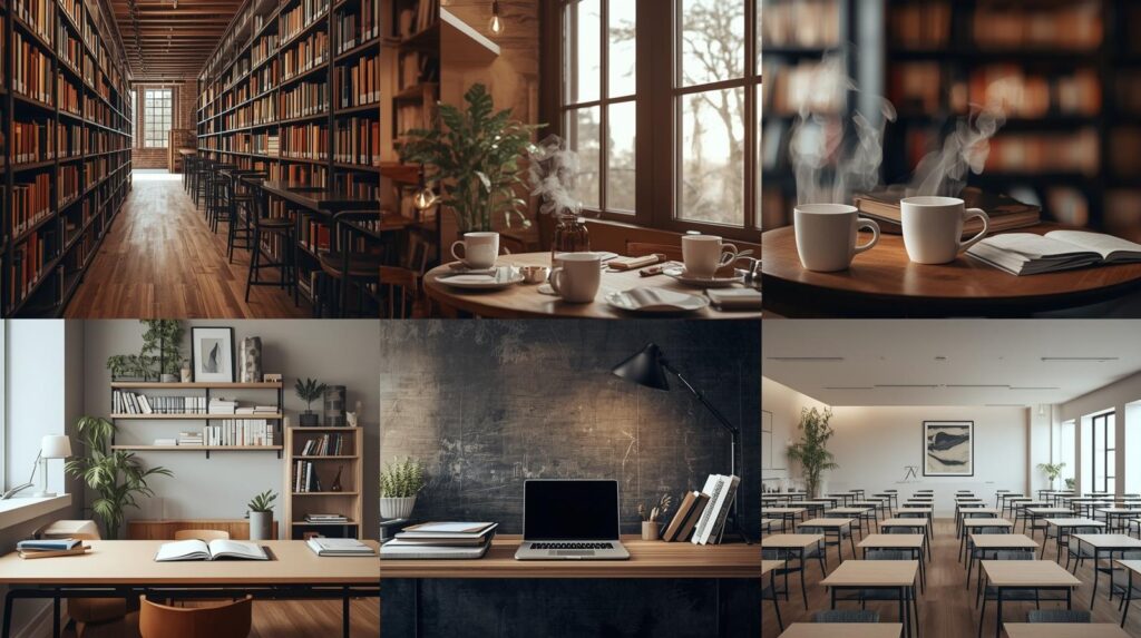 カフェや自習室、図書室、教室や自室など様々な勉強部屋を対比した写真。カフェの机にはコーヒーが置かれている。