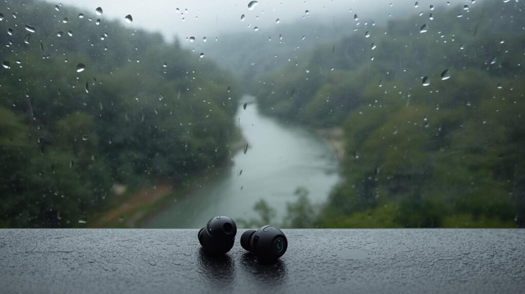 小川や森が見える室内の窓際。窓には水滴がついていて、外は雨模様。窓際には黒のワイヤレスイヤホンが置かれている。
