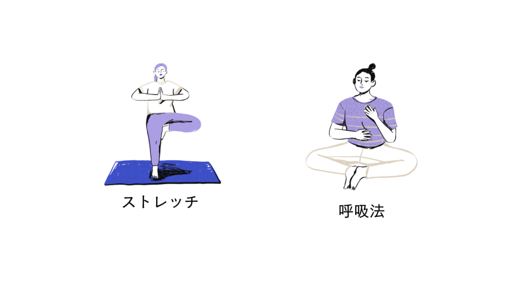 ストレッチと呼吸法のイラストが並べられている