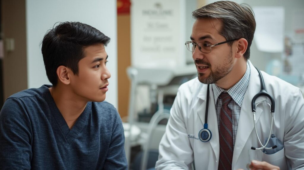 指導医が学生に話しかけている。